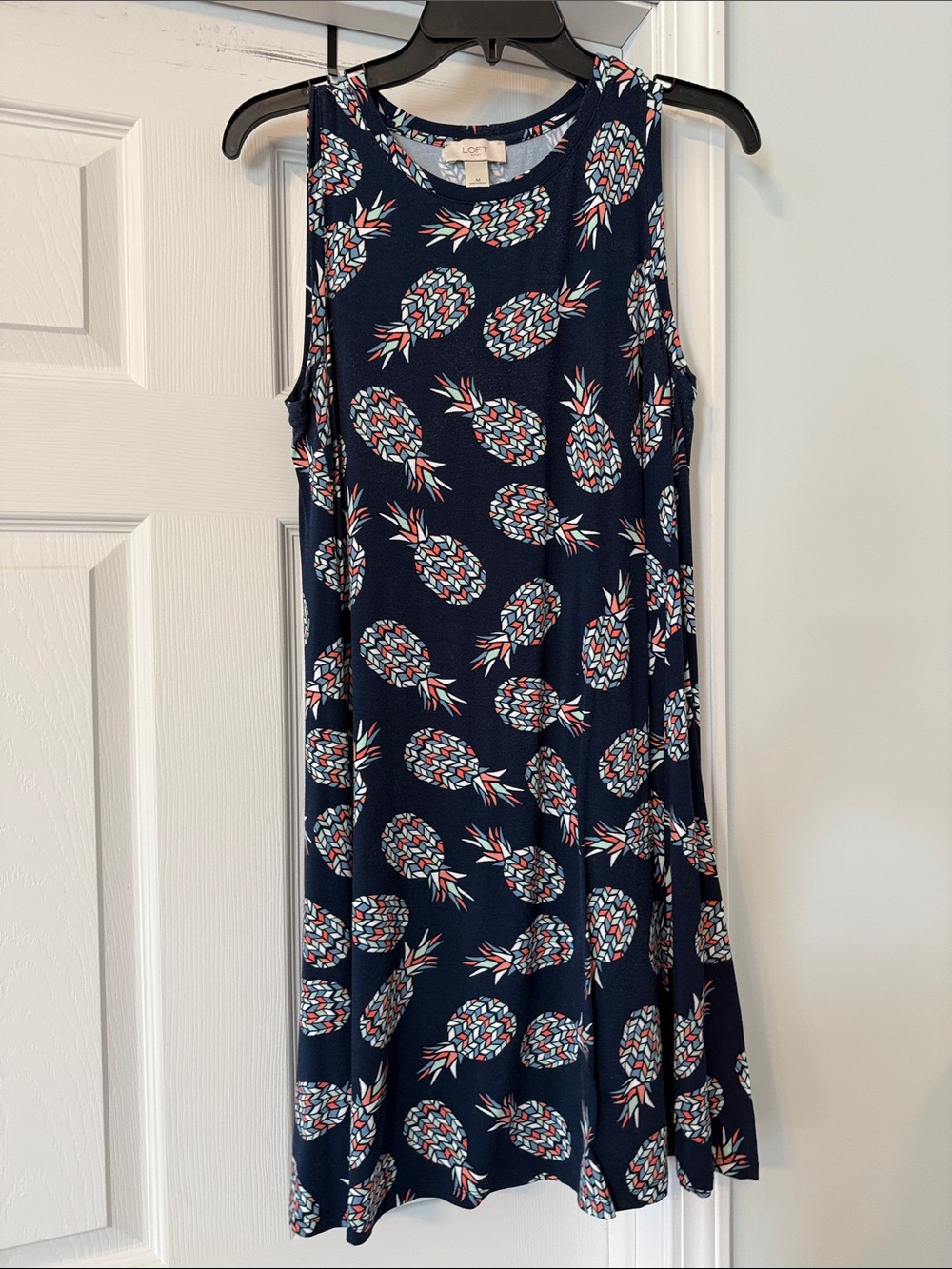 LOFT Navy Pineapple Print Sleeveless Mini Dress with Coral and White Accents
